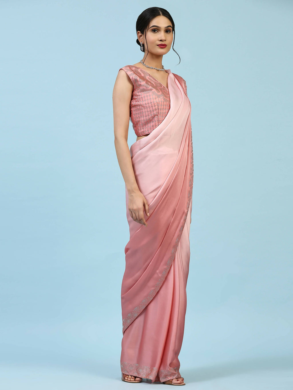 Peach Ombre Satin Georgette Plain Ready to wear Saree with stitched Blouse - Vrinda