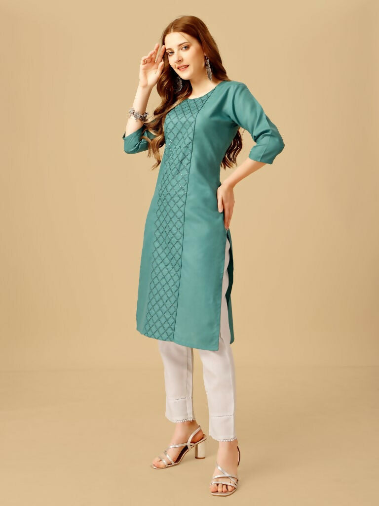 Jyoti Fashion Women's Teal Cotton Blend Embroidered Kurta Pant Set