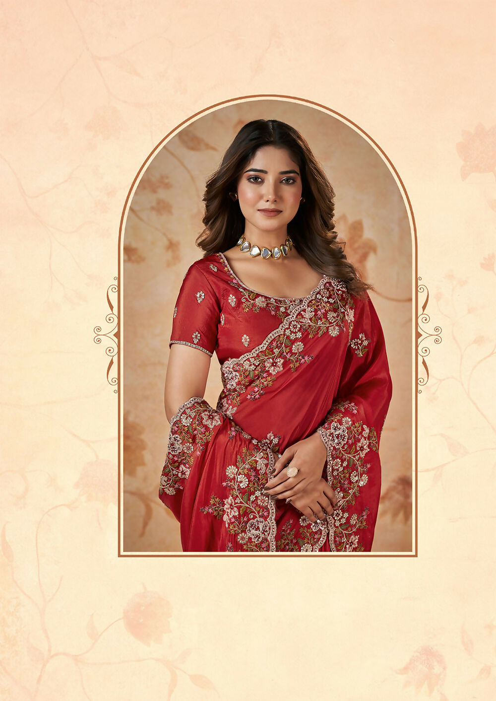 Red Upada Silk Sequence & Cord Embroidered with Stone Work Saree - Mohmanthan Dakshika