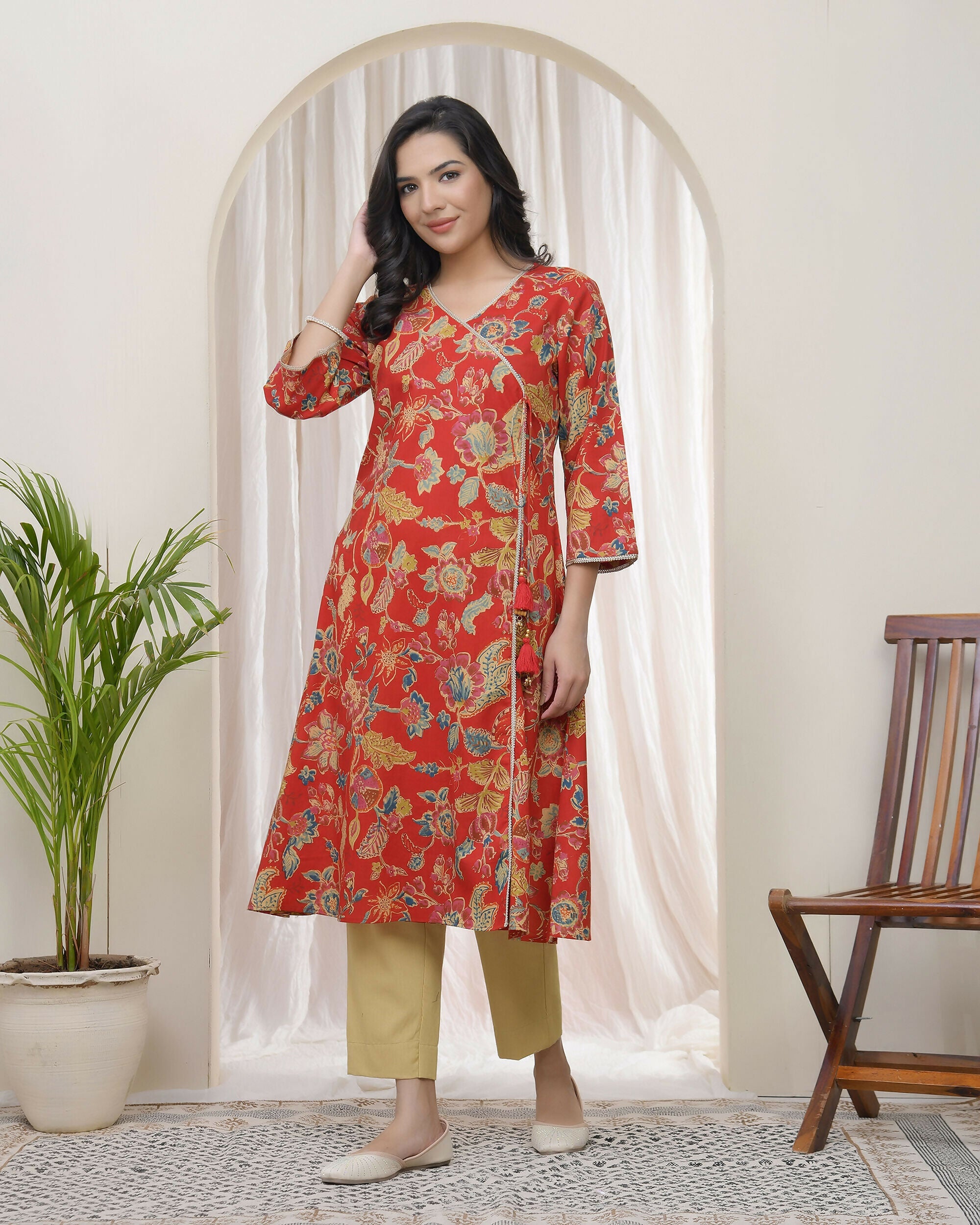 Vaasva Women Red Cotton Angrakha Kurta With Pant