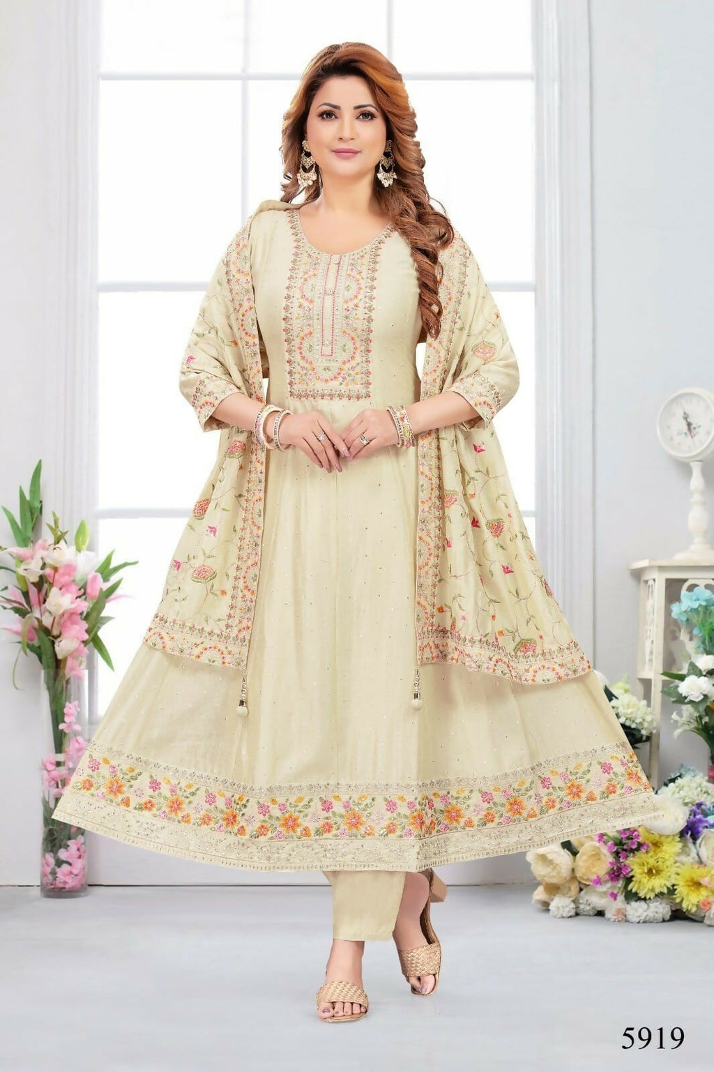 Joban Fashion Chinon Silk Cream Color Kurta Set