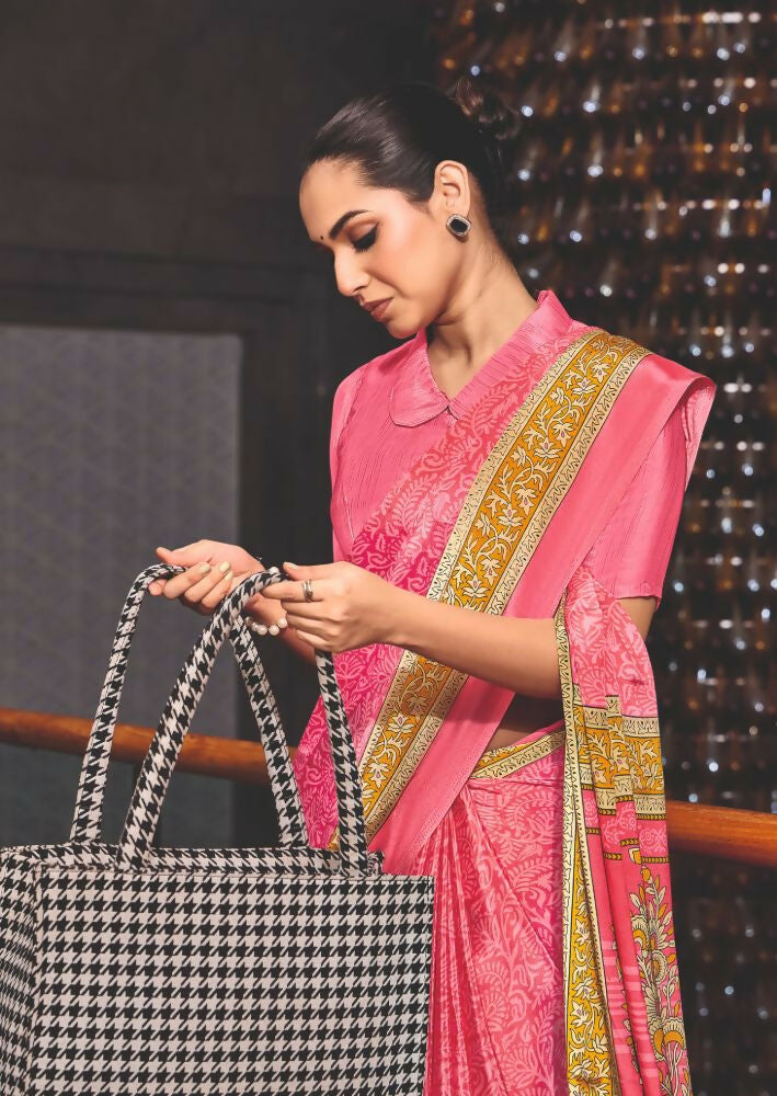 Joban Fashion Pink Crepe Silk with Traditional Print Saree