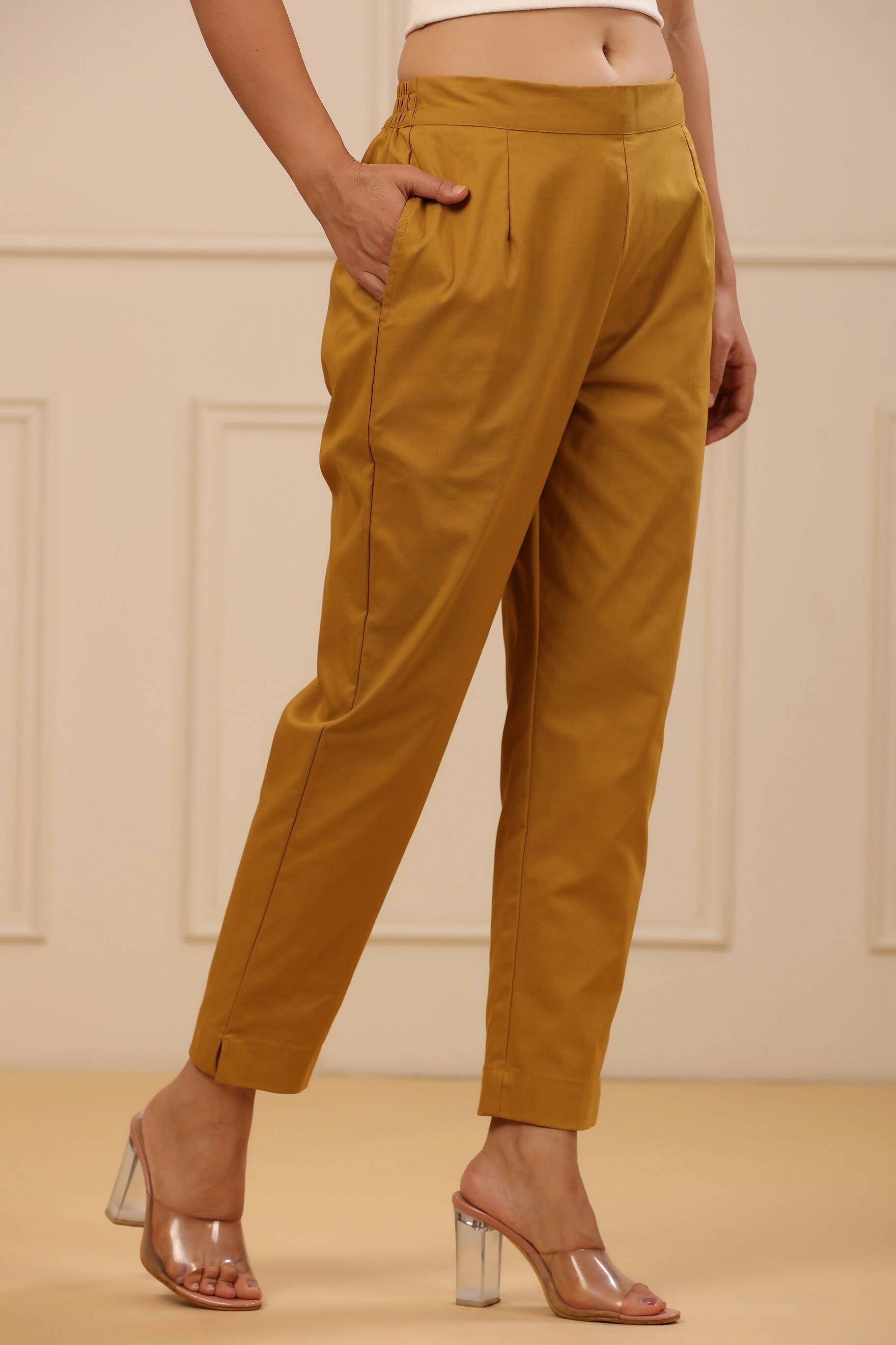 Juniper Women's Mustard Cotton Spendex Solid Straight Pant