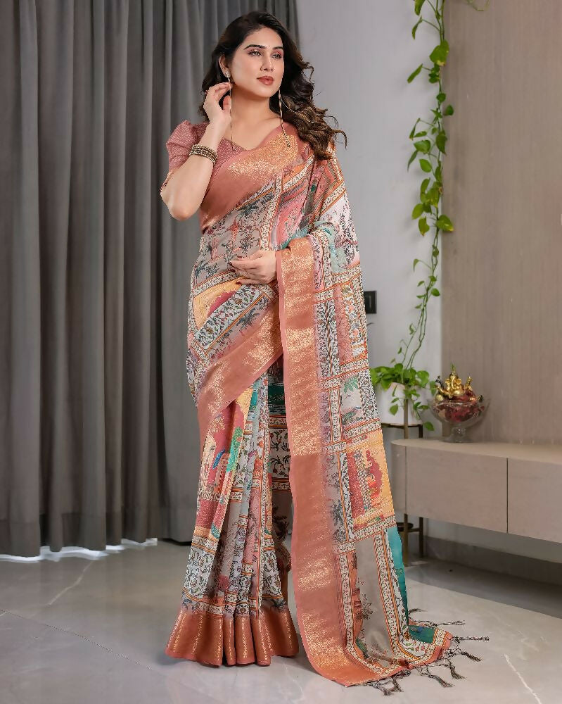 PR Fashion Peach Pure Handloom Linen Saree