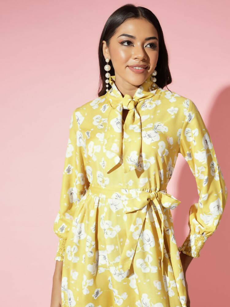 Myshka Women Yellow Floral Rayon A-Line Shirt Collar Dress