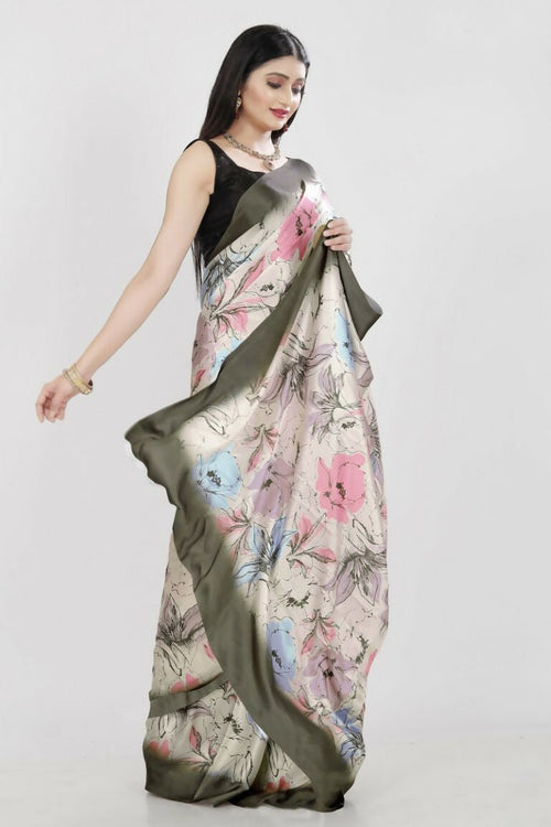 Aayaa Designer Printed Satin Saree - Multi Color