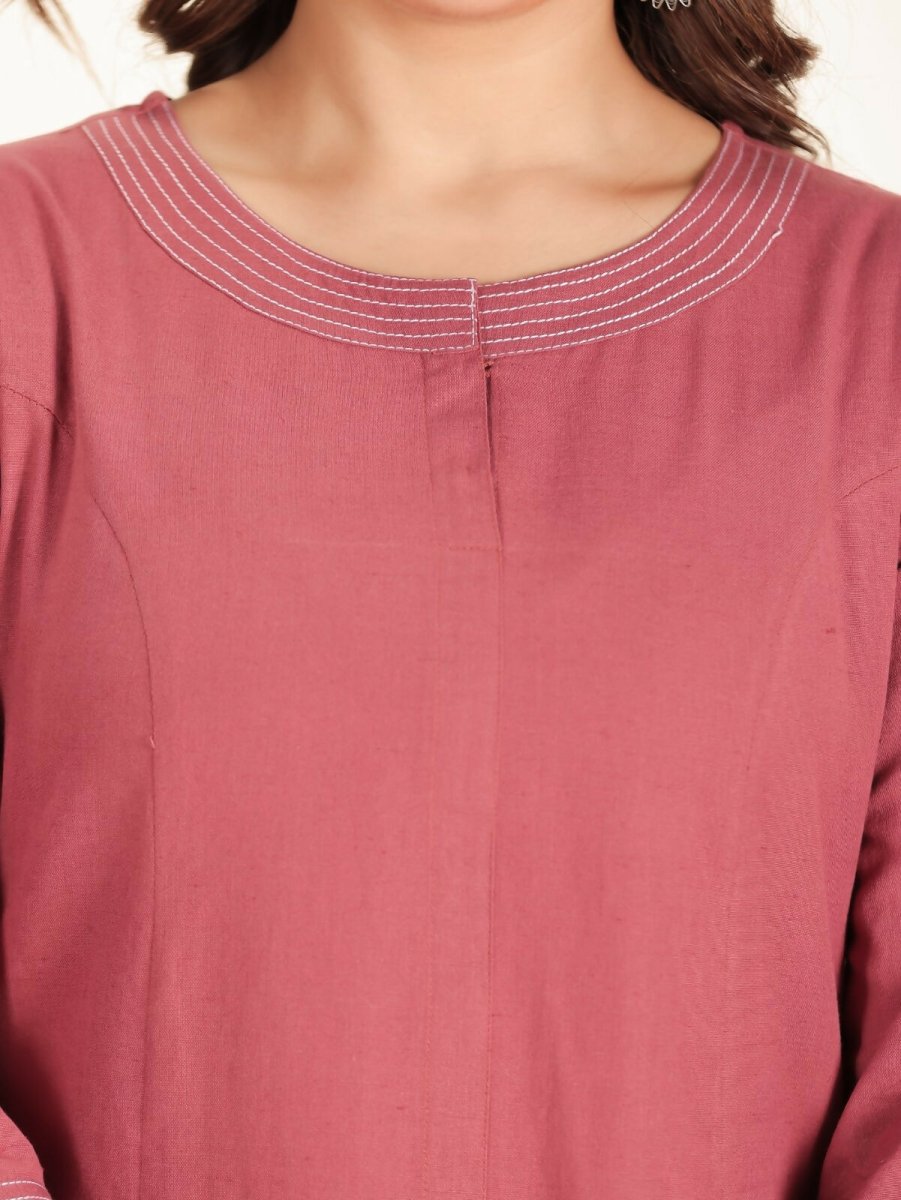 Aramya Pink Linen Cotton Solid Print A-line Kurta Set for Women
