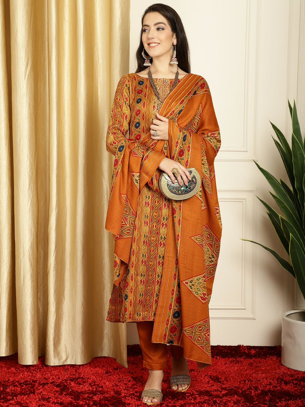 Jyoti Fashion Women's Mustard Pashmina Floral Digital Printed Kurta with Trouser & Dupatta