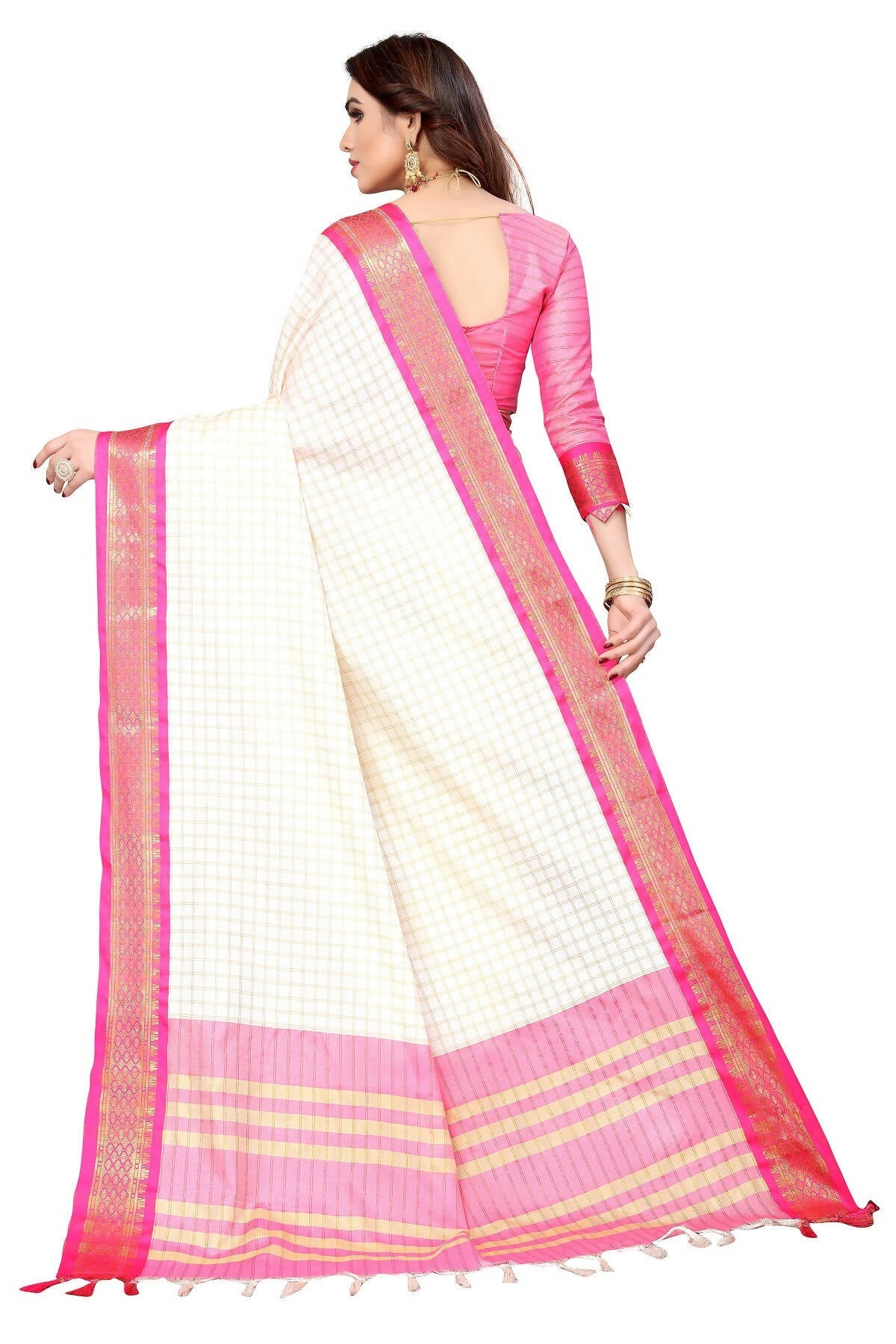 Vamika Weaving White Cotton Silk Saree (DEVAL PINK)