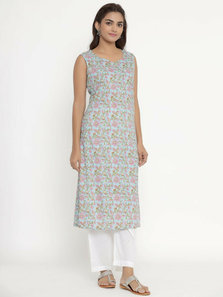 Miravan Women's Pure Cotton Floral Printed Sleeveless Straight Kurta