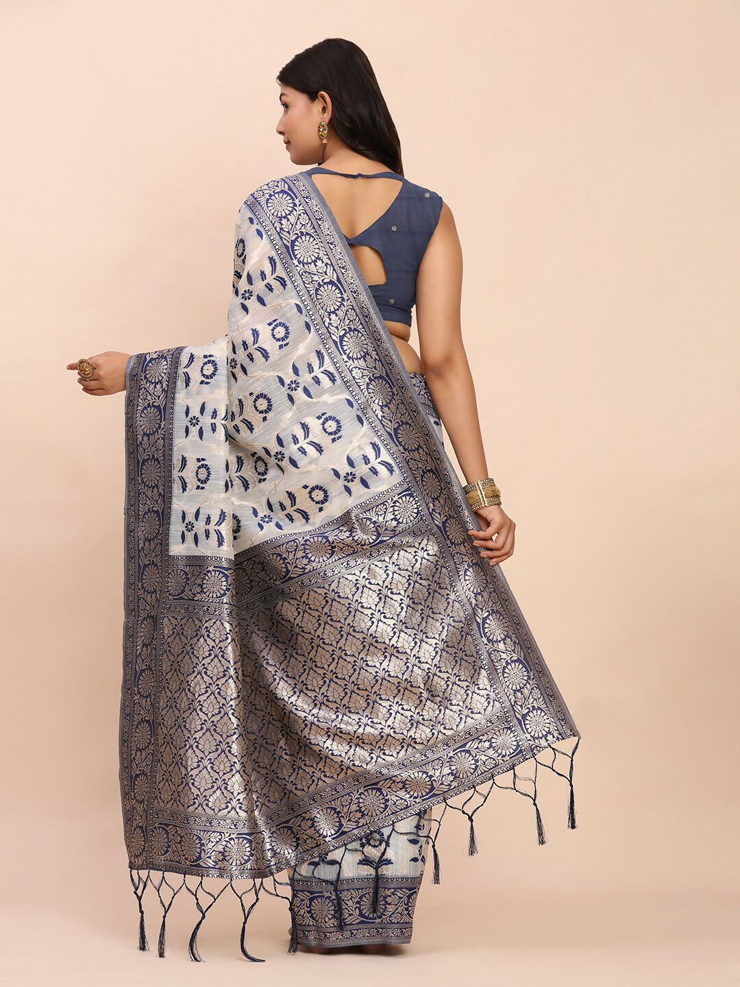 Shree Shyam Fashion Linen Cotton Navy Blue Saree