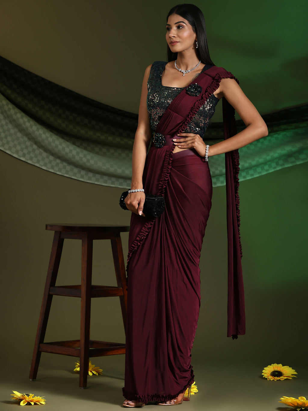 Maroon Imported Fabric Plain Ready to wear Saree with stitched Blouse - Vrinda