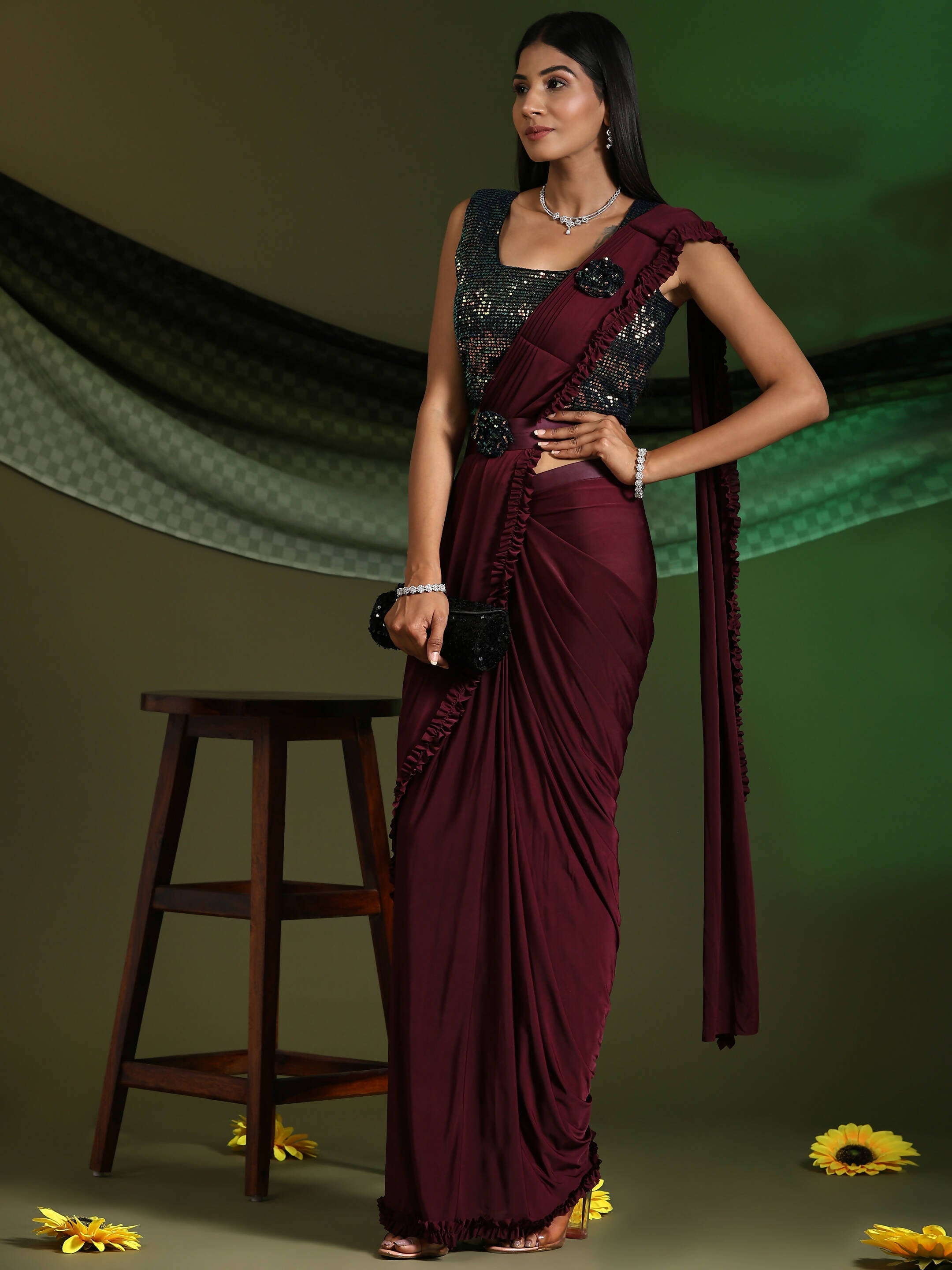 Maroon Imported Fabric Plain Ready to wear Saree with stitched Blouse - Vrinda