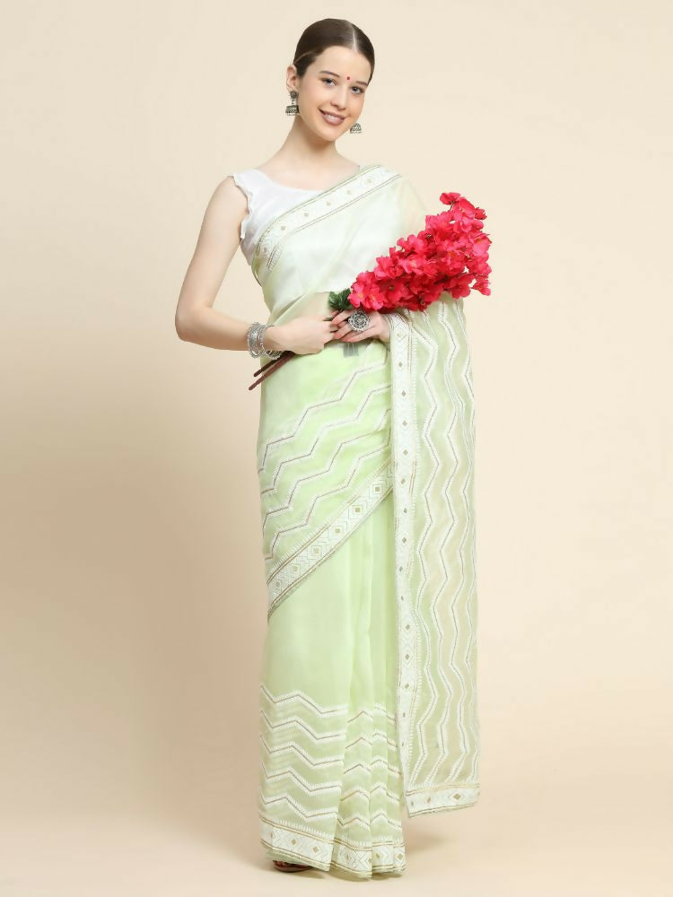 Vamsee Banno Lehriya Pista Green Organza Saree