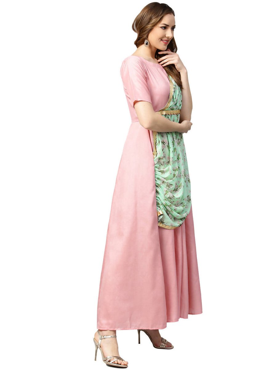 Ahalyaa Pink & Green Solid Maxi Dress with Attached Dupatta