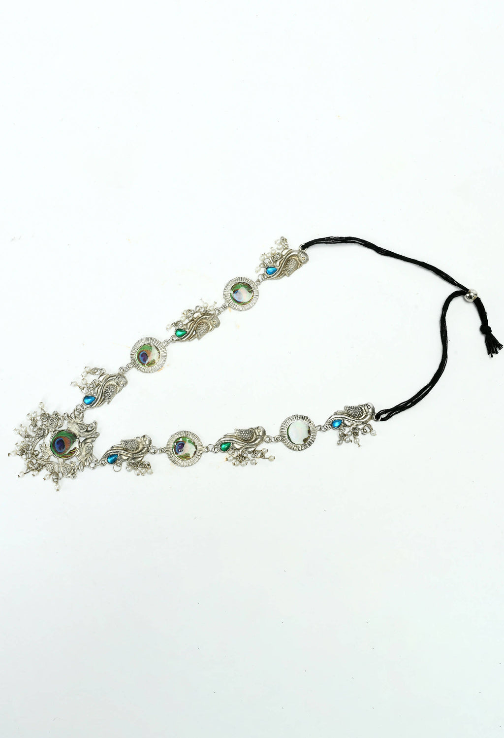 Mominos Fashion Johar Kamal Oxidised Silver-Plated Brass Finish Long Necklace For Women (Silver)