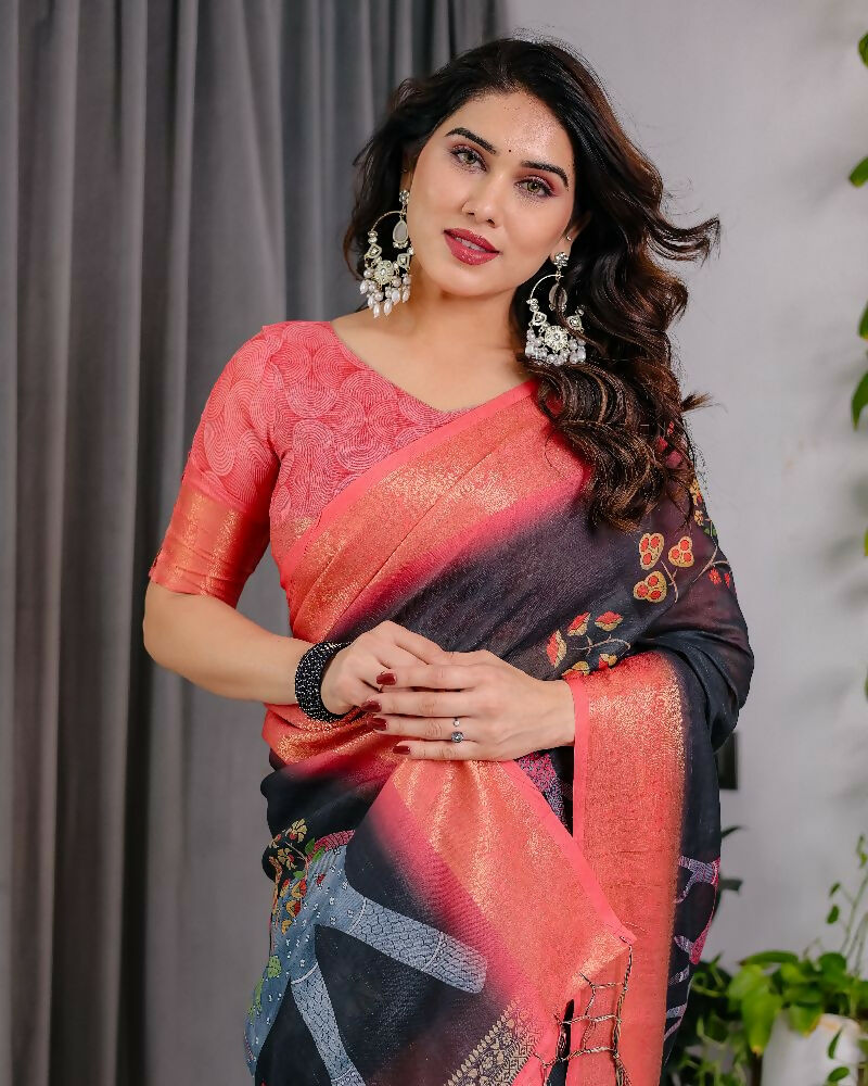 PR Fashion Black Pure Handloom Linen Saree