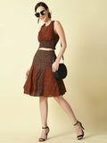 Myshka Women's Rust Pure Cotton Printed Flared Skirt