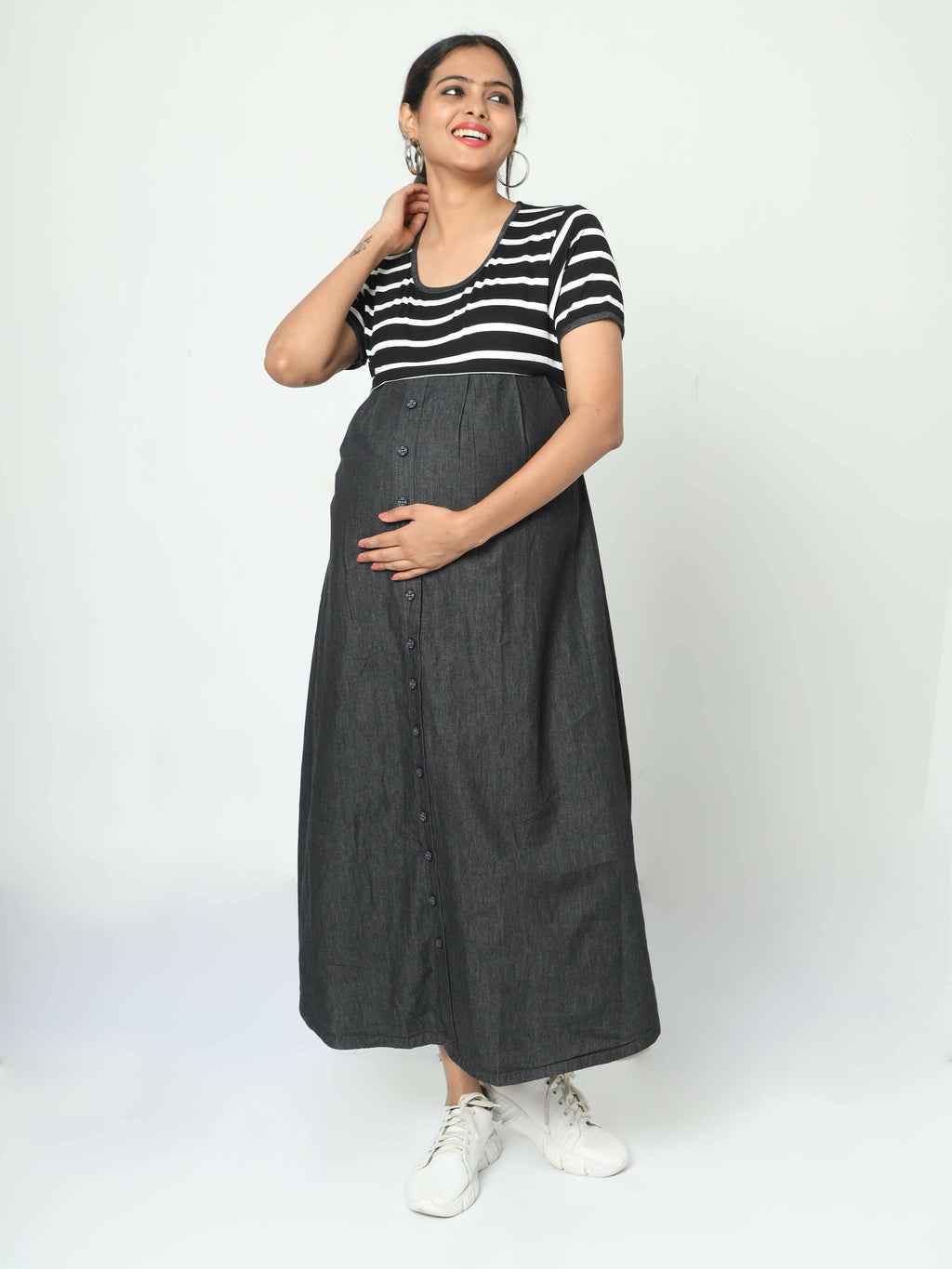 Manet Half Sleeves Maternity Dress White Striped With Concealed Zipper Nursing Access - Black