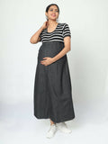 Manet Half Sleeves Maternity Dress White Striped With Concealed Zipper Nursing Access - Black