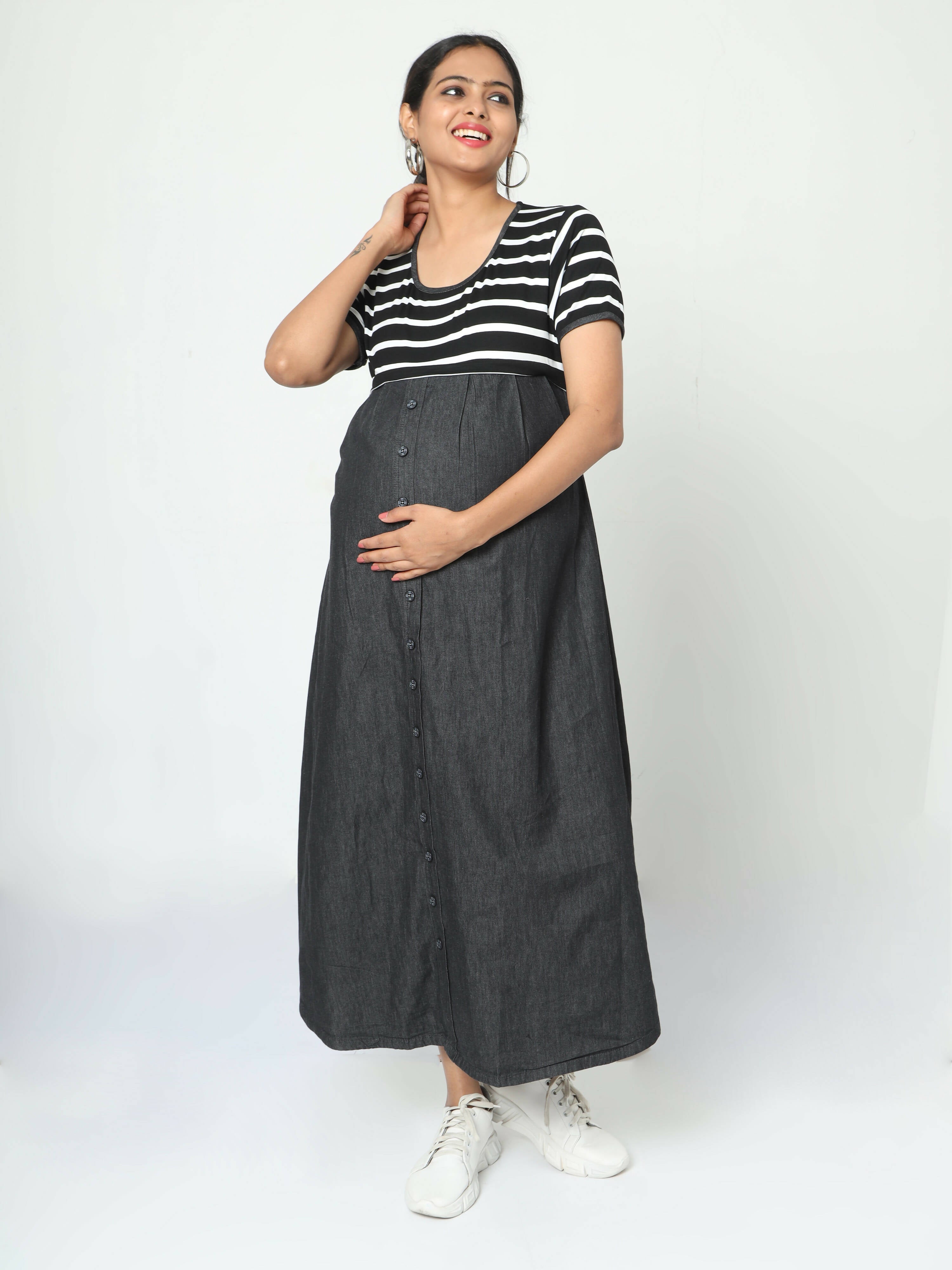 Manet Half Sleeves Maternity Dress White Striped With Concealed Zipper Nursing Access - Black