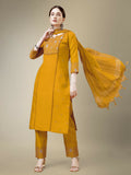 Jyoti Fashion Women's Yellow Cotton Blend Embroidery & Fancy Lace work Kurta with Trouser & Dupatta