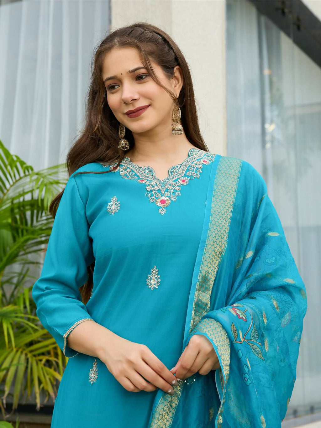 The52 Blue Women's Gorgeous Viscose Fabric Embroidered Work Straight Kurta, Pant and Dupatta Set