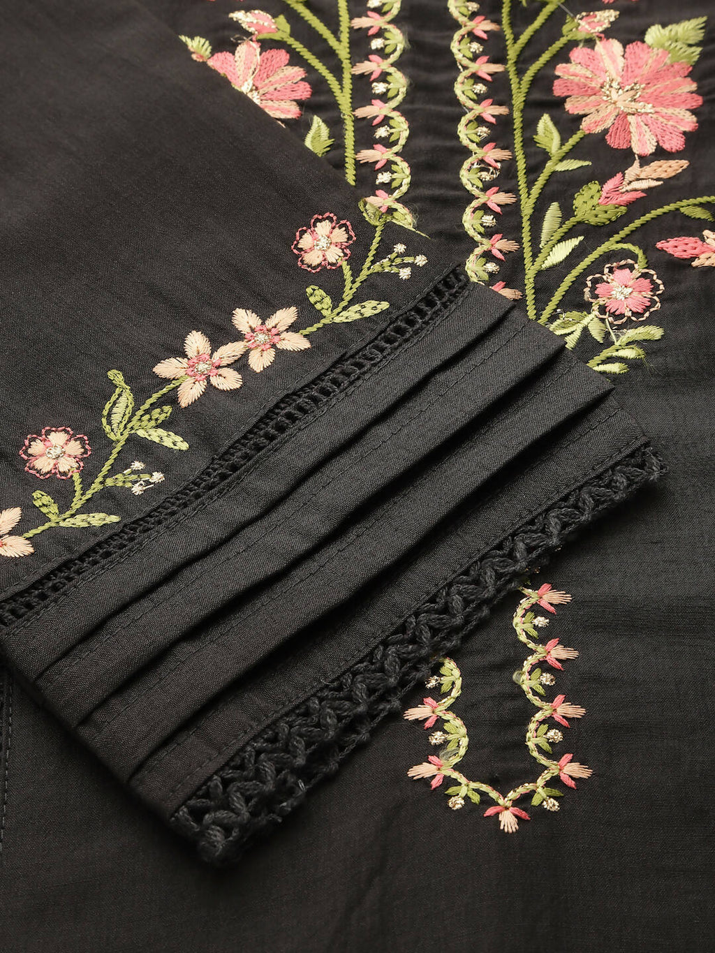 Black Embroidered Chinon Straight Kurta With Trouser & Dupatta - Salimar