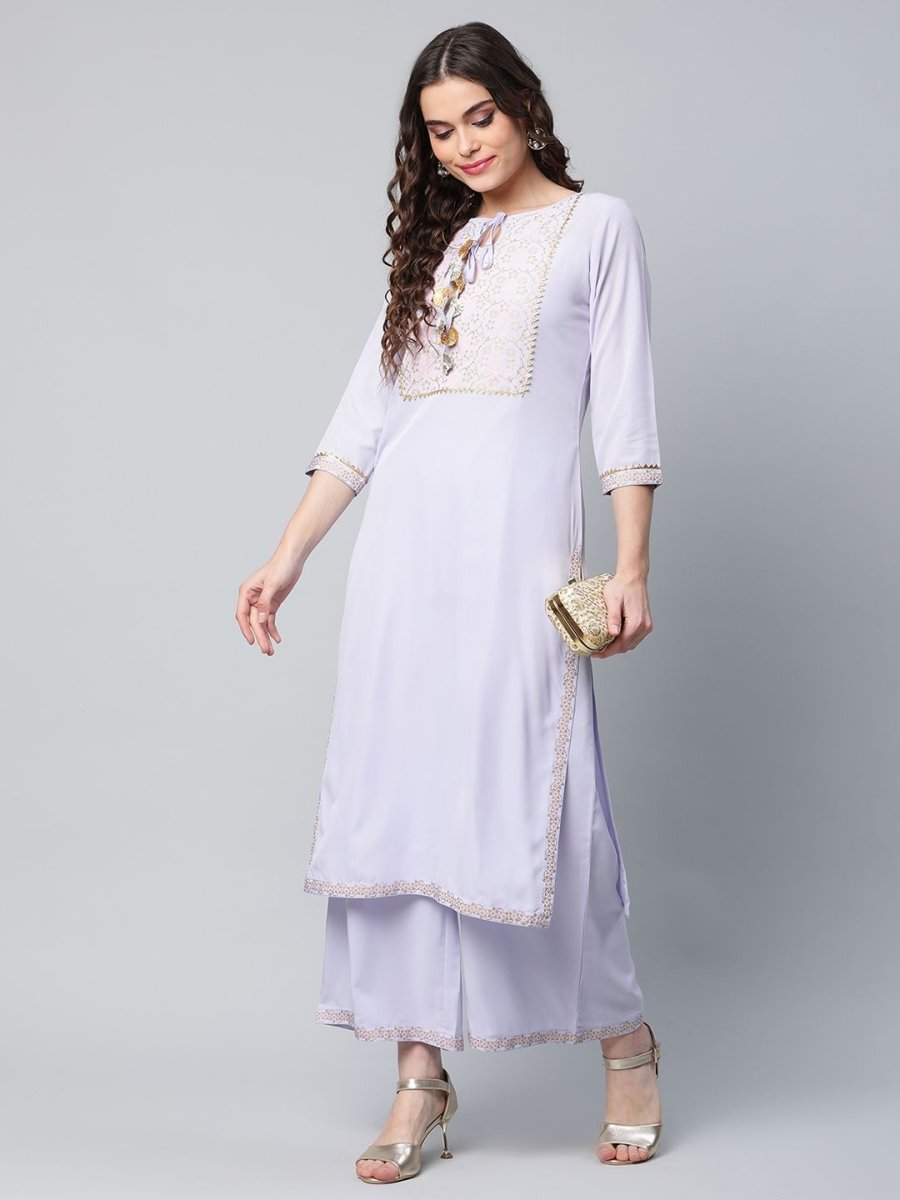Ahalyaa Women's Powder Blue Crepe Gold Printed Kurta Palazzo Set