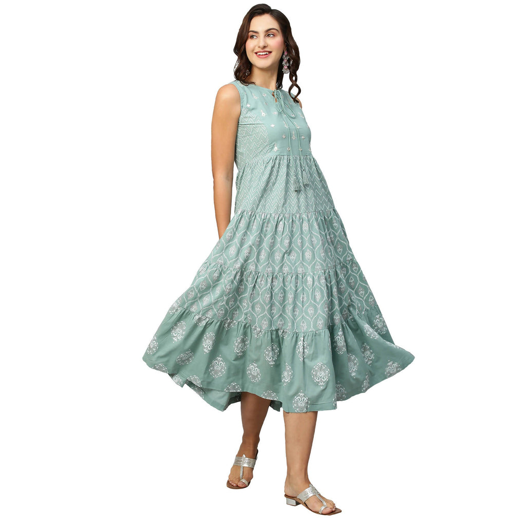 Sea Green & White Ethnic Motifs Embroidered Pure Cotton Maxi A-Line Dress - Poonam