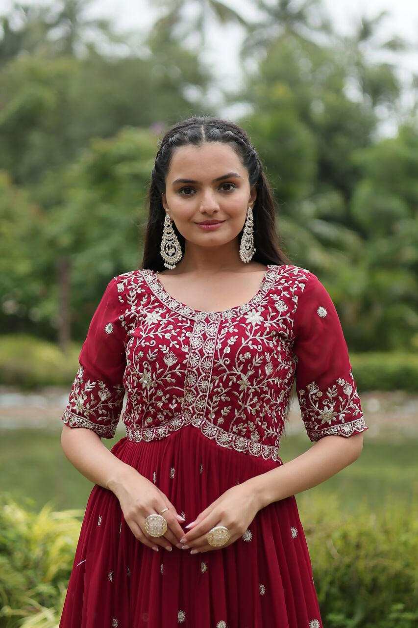 Vastranavya Premium Designer Faux Blooming with Embroidery Zari Sequins work Gown - Maroon