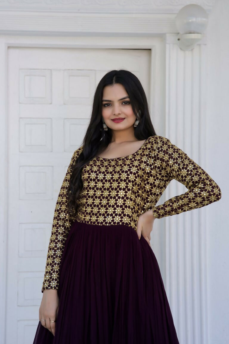Jyoti Fashion Women's Wine Sequence Zari Embroidered Faux Blooming Anarkali Dress
