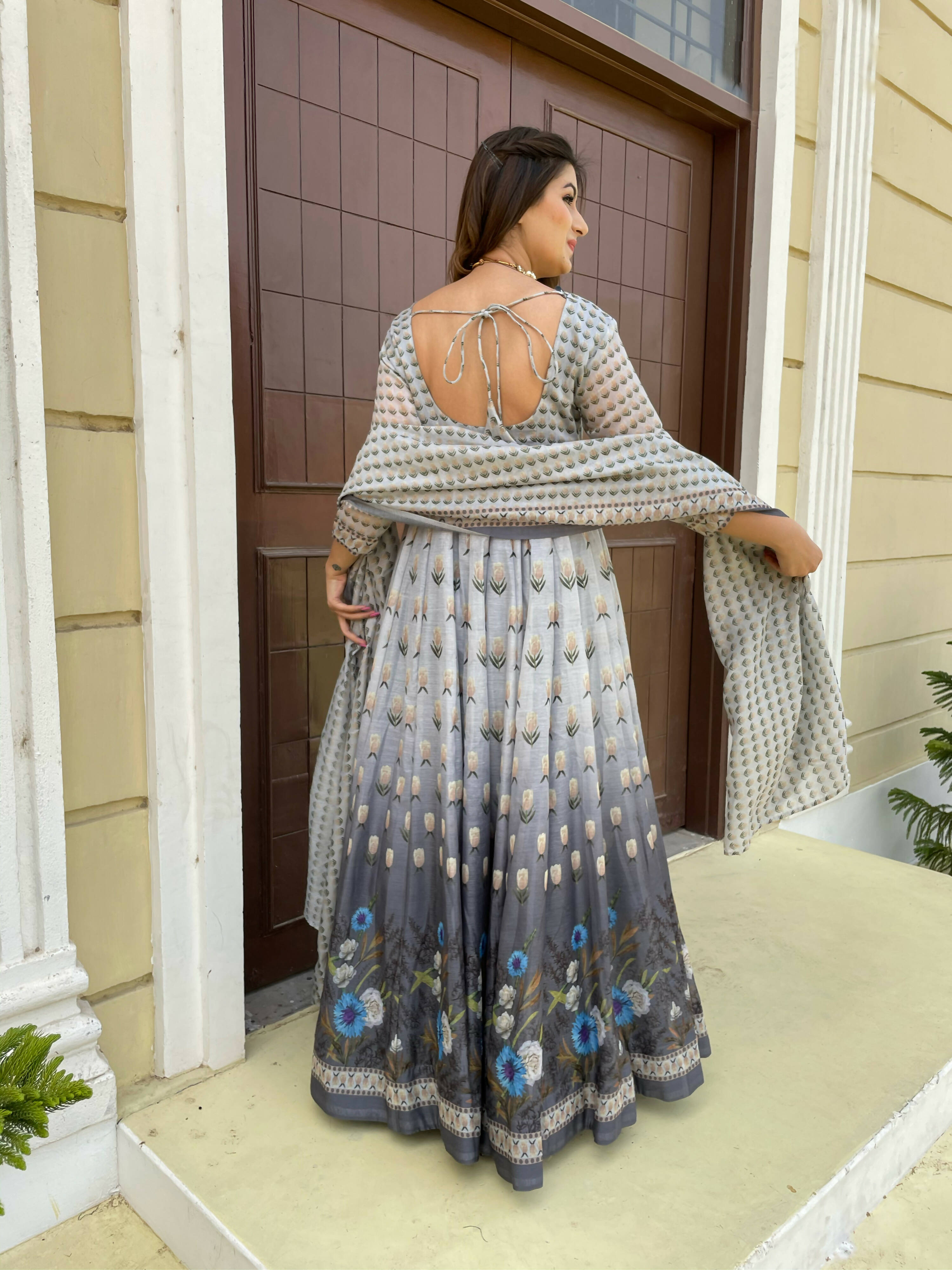 Partywear Designer Gray Chanderi Suit - Anbazaar