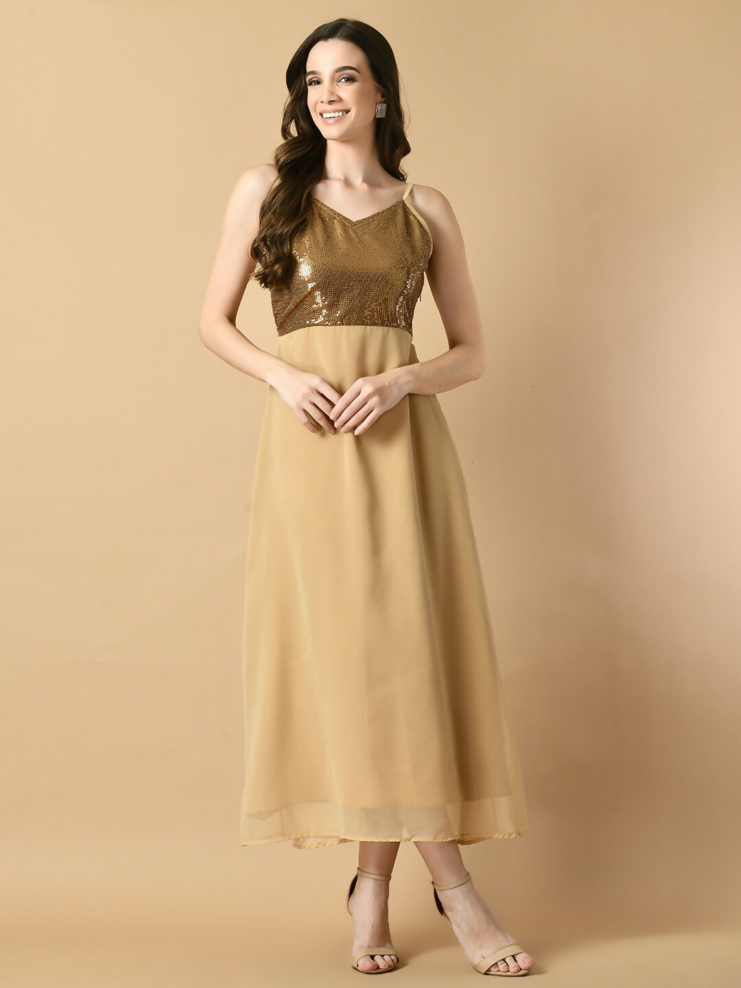 Myshka Women's Beige Solid Georgette Party Dress