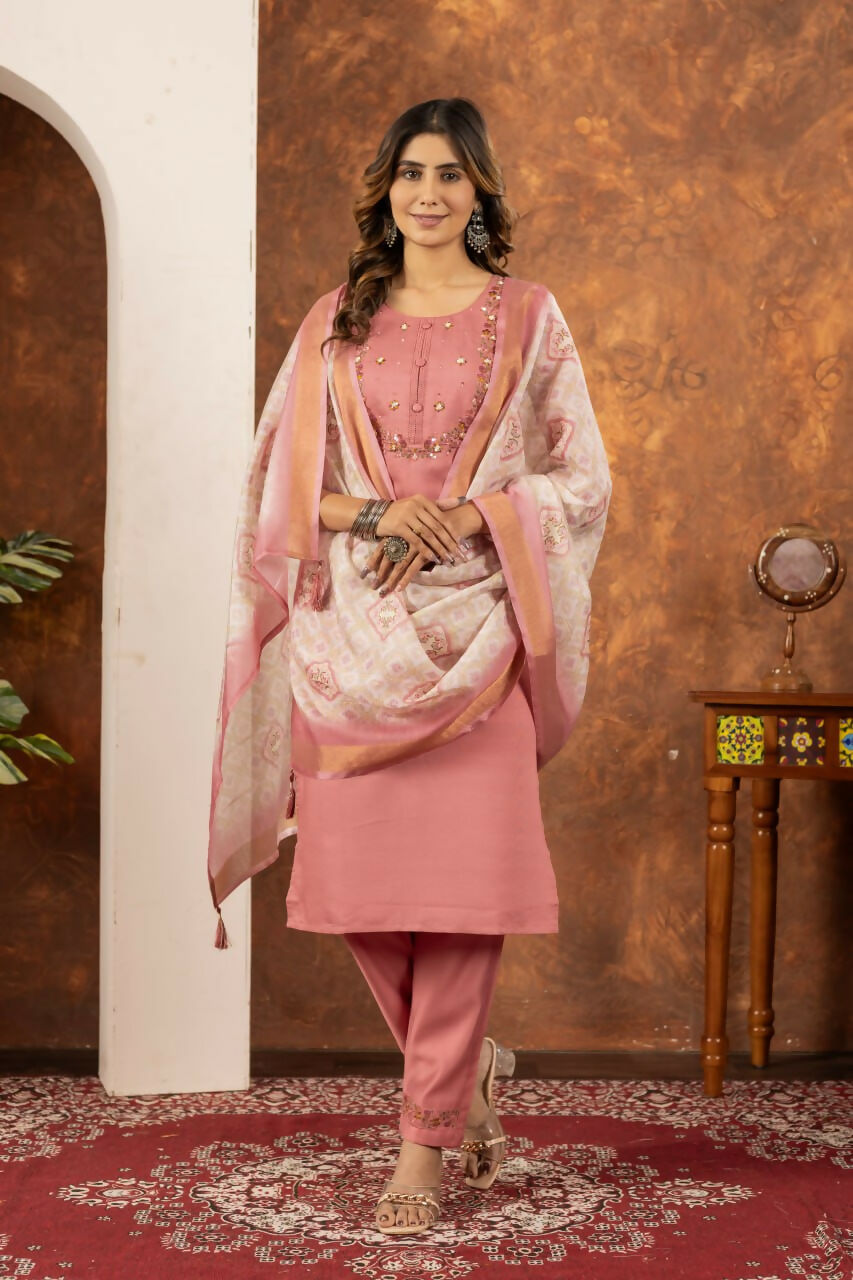 Women's Peach Embroidery Kurta Pant Set With Dupatta by Infinity Export