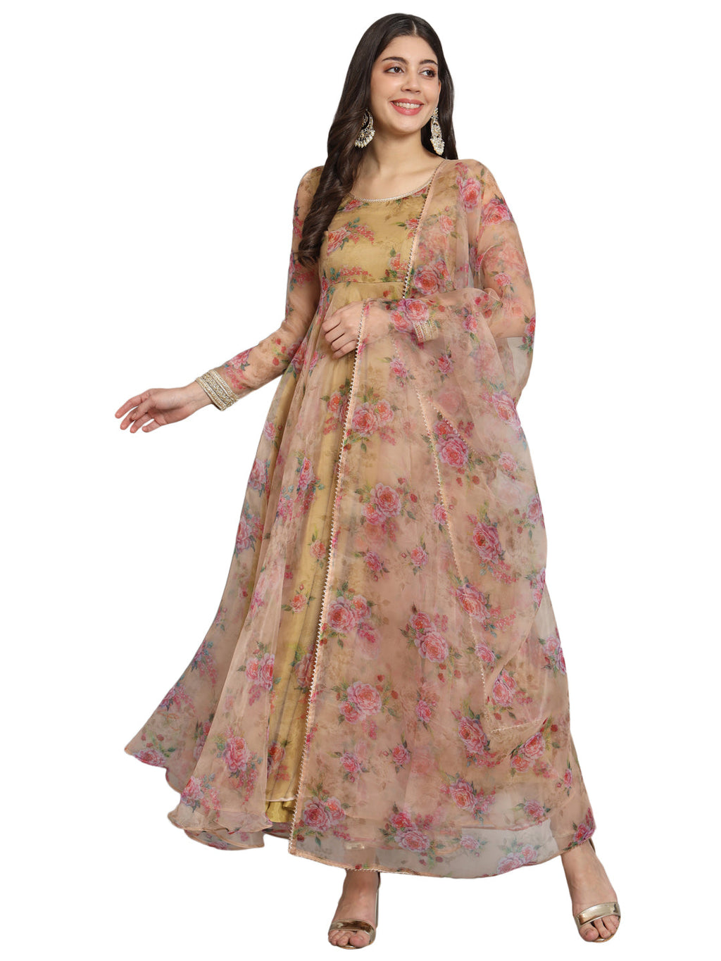 Fab Fashion Pink Floral Golden Organza Anarkali Set