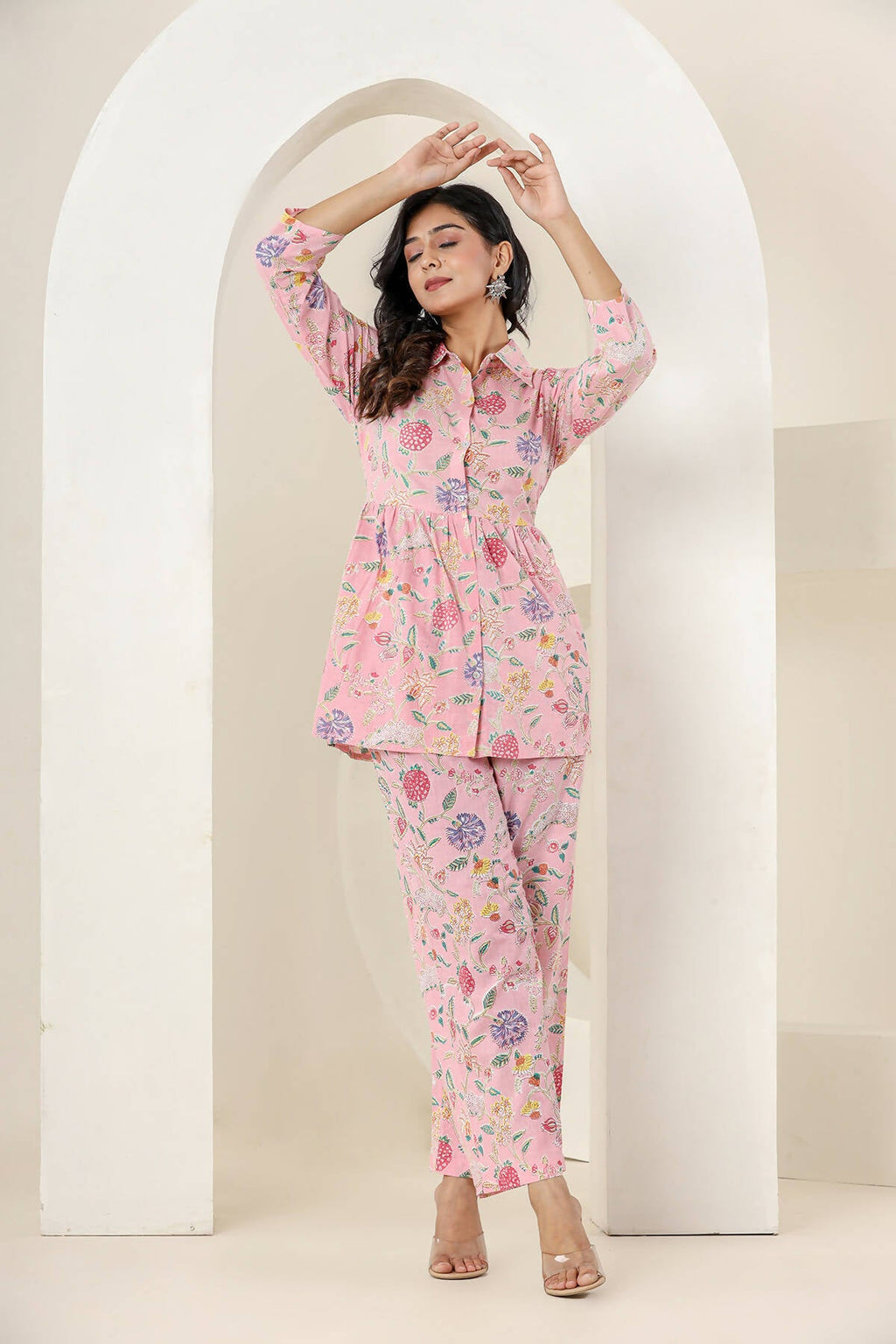Kaajh Women's Baby Pink Printed Cotton Co-ord Set