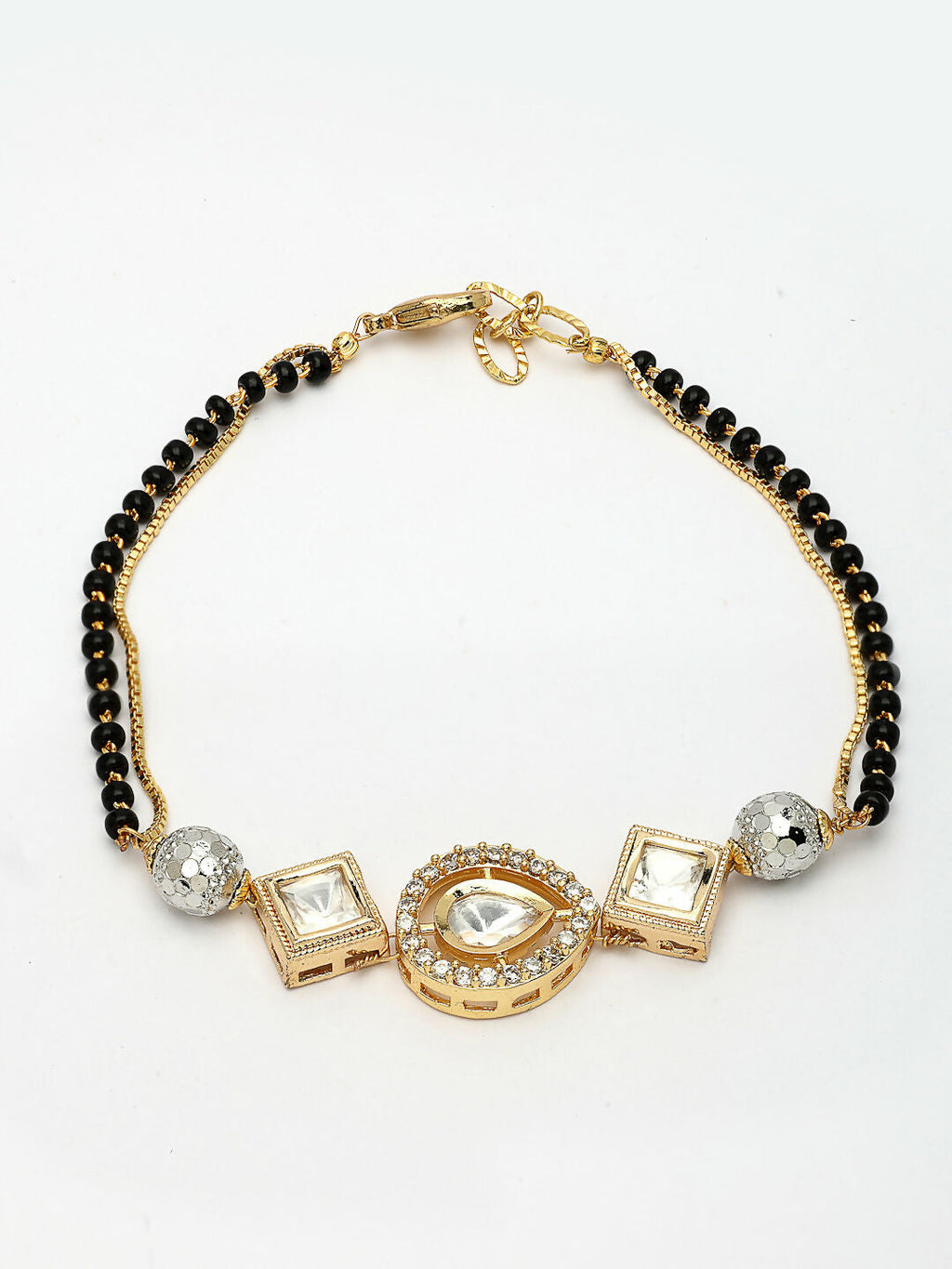 NVR Women Gold-Polished & Black Brass AD-Studded Hand Mangalsutra Link Bracelet