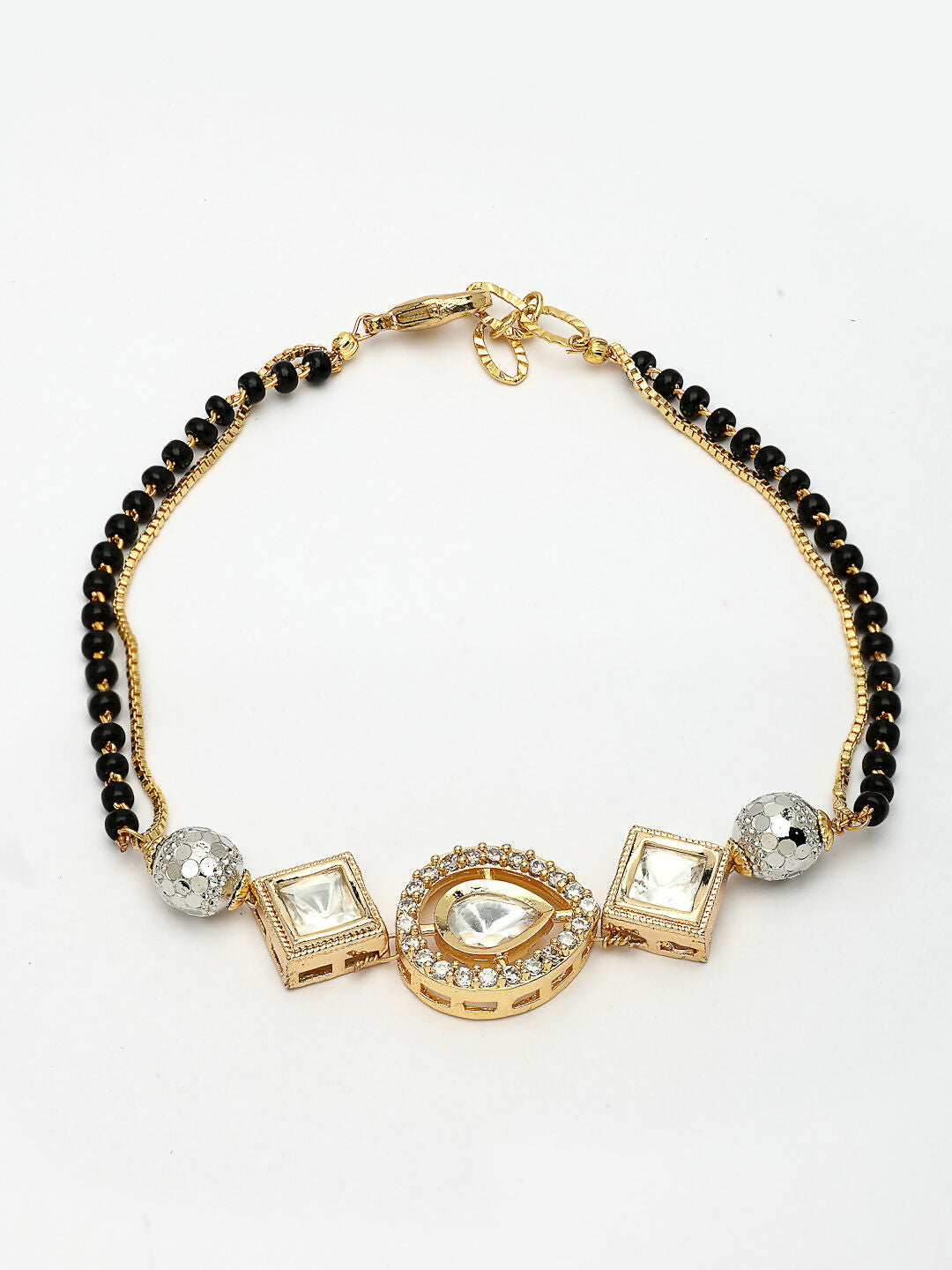 NVR Women Gold-Polished & Black Brass AD-Studded Hand Mangalsutra Link Bracelet
