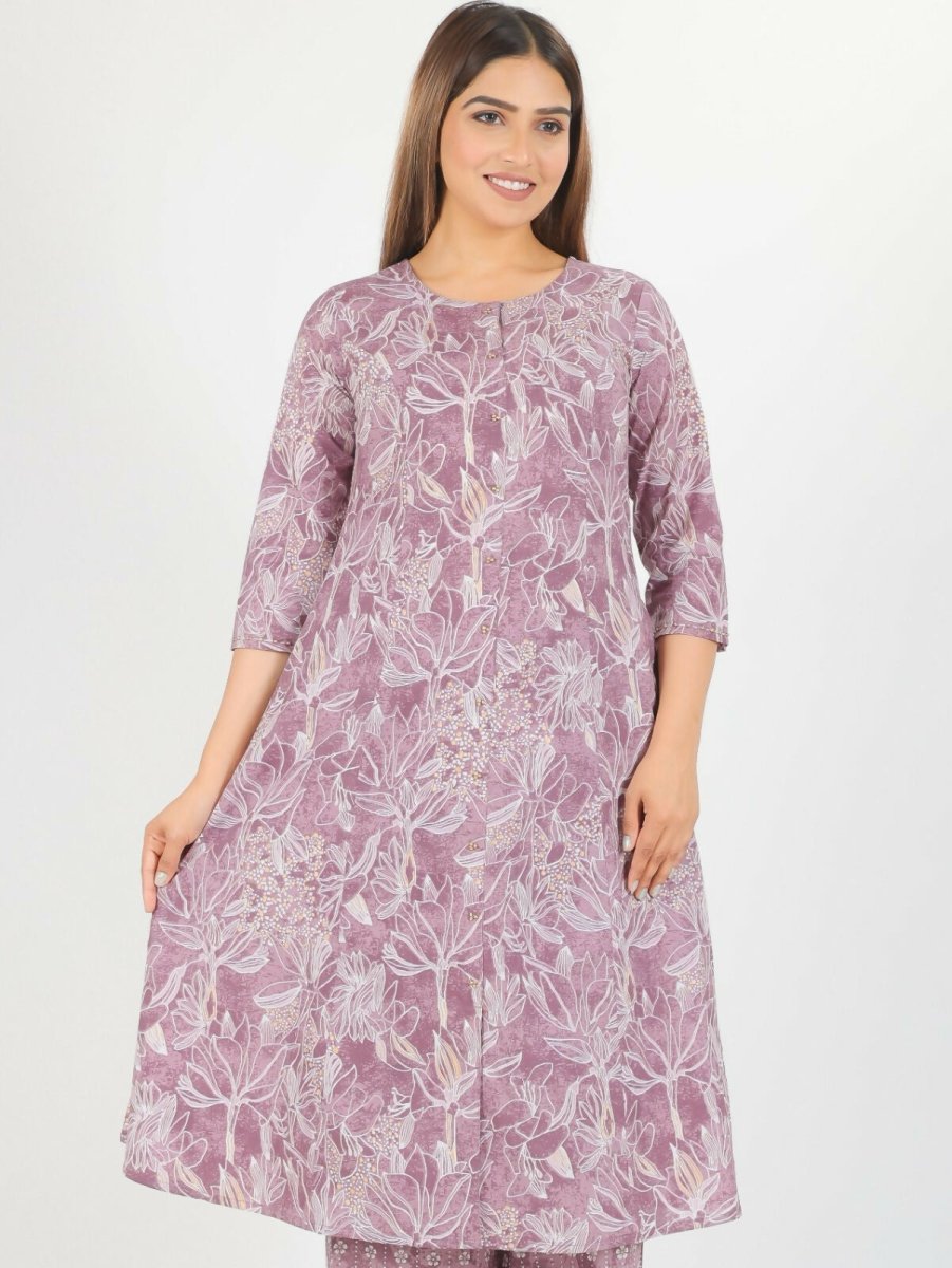 Aramya Purple Soft Cotton Gold Foil A-line Kurta for Women