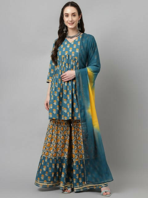 FIORRA Women's Tuquise Pure Cotton Flared Kurta & Sharara With Dupatta