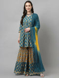FIORRA Women's Tuquise Pure Cotton Flared Kurta & Sharara With Dupatta