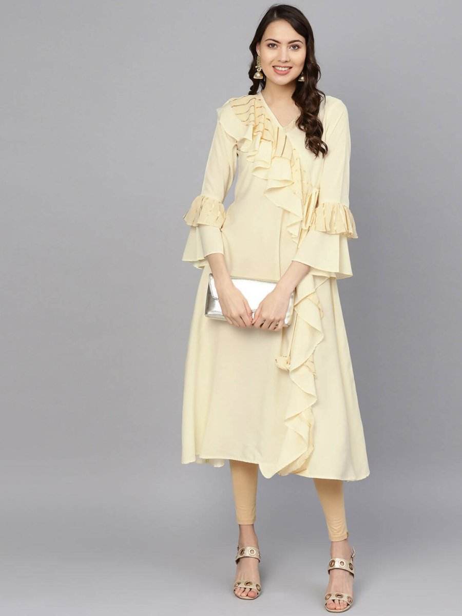 Ahalyaa Cream Crepe Angarkha Style Ruffled Kurta For Women