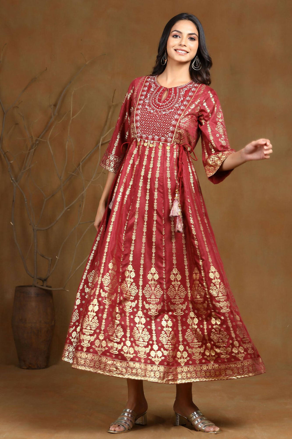 Juniper Women Maroon Shantoon Printed Anarkali Dress
