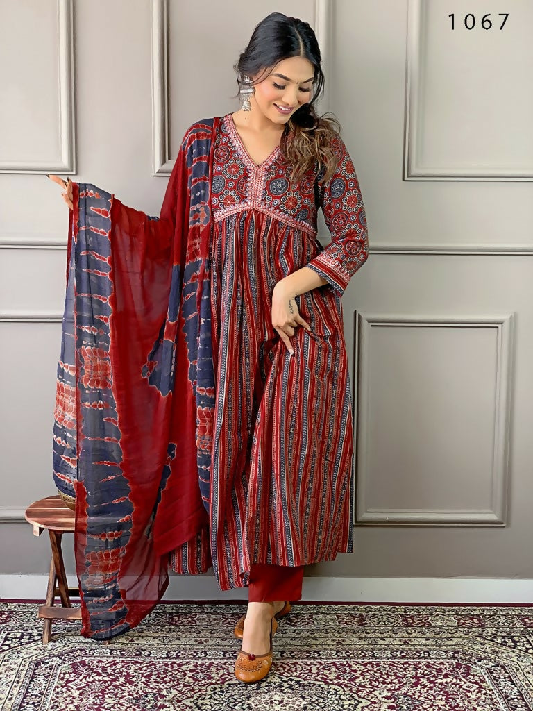 Partywear Designer Cotton Maroon Stitched Suit With Dupatta - Tanisha