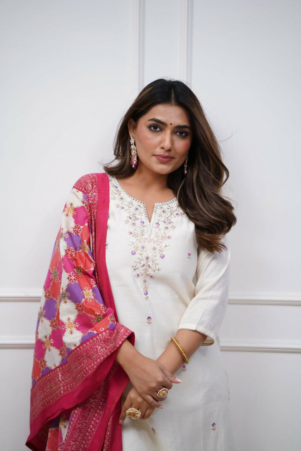 The52 Off White Beautiful Embroidered Viscose Chanderi Fabric Straight Kurta Pant with Dupatta Set