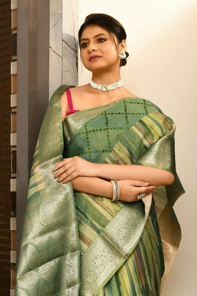 Joban Fashion Green Saree Tissue Digital With Embroidery