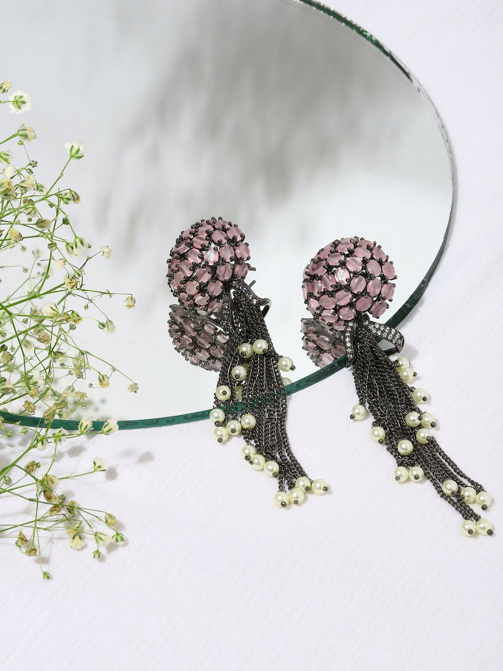 Blush Purple Stone Earrings with Pearls- Ruby Raang