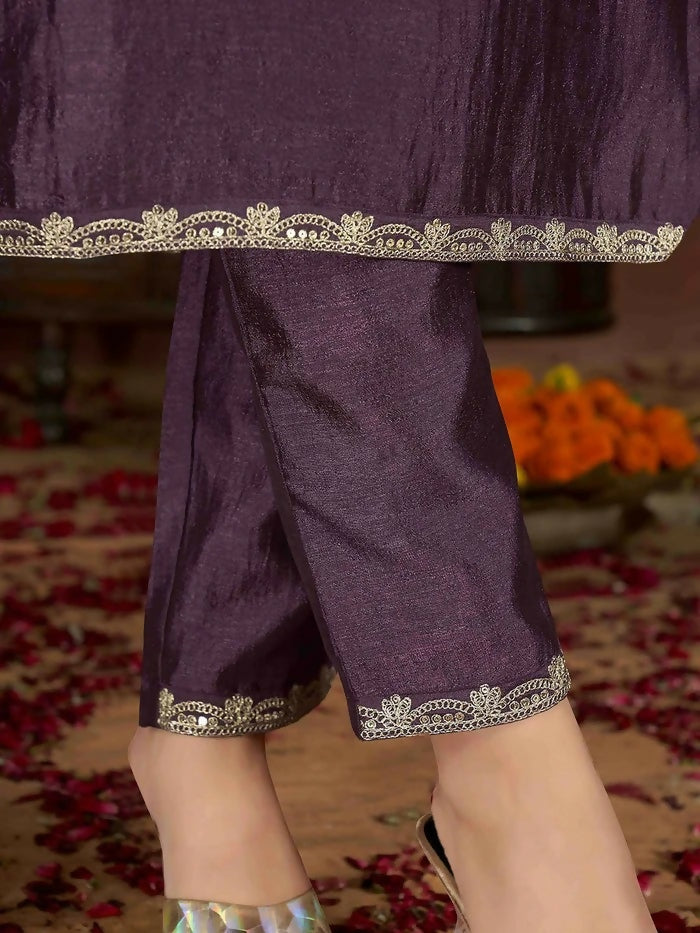 The52 Wine Women's Gorgeous Vichitra Fabric Embroidered Work Straight Kurta Pant and Dupatta Set