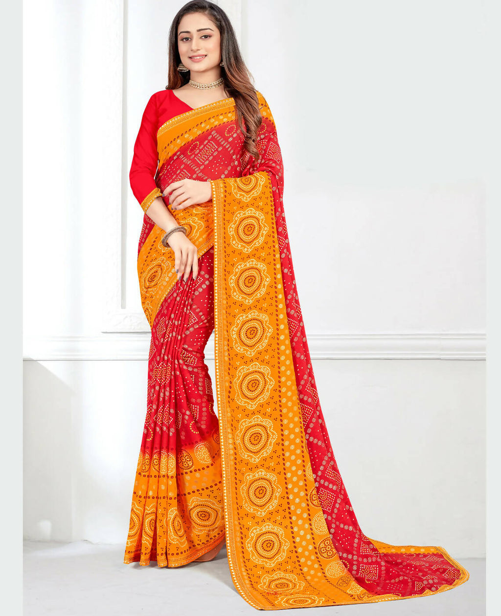 Red & Yellow Georgette Bandhani Printed Saree With Unstitched Blouse Piece - Jyoti